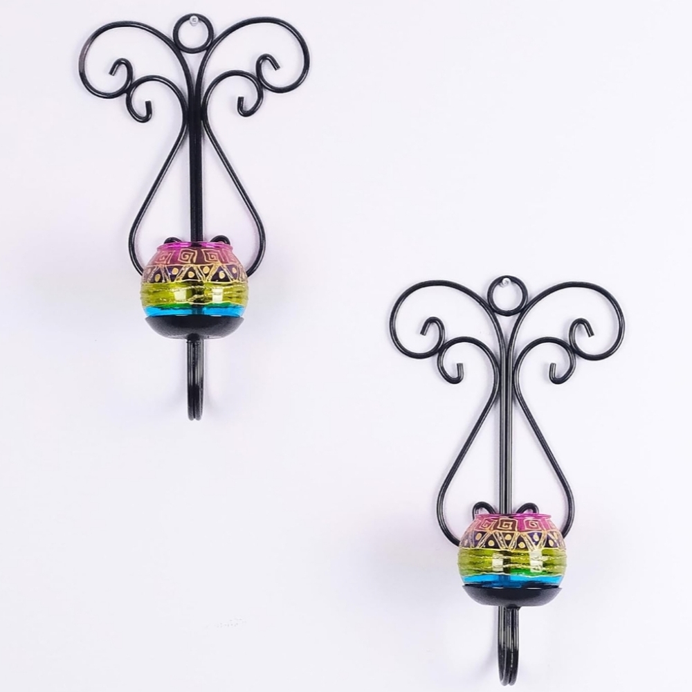 Butterfly Wall Sconces Hand Painted Tealight Glasses Candle Holders Set of 2